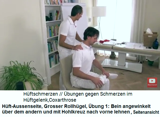 H�ft-Aussenseite, Grosser Rollh�gel, �bung
                      1: Bein angewinkelt �ber dem andern und mit
                      Hohlkreuz nach vorne lehnen, Seitenansicht