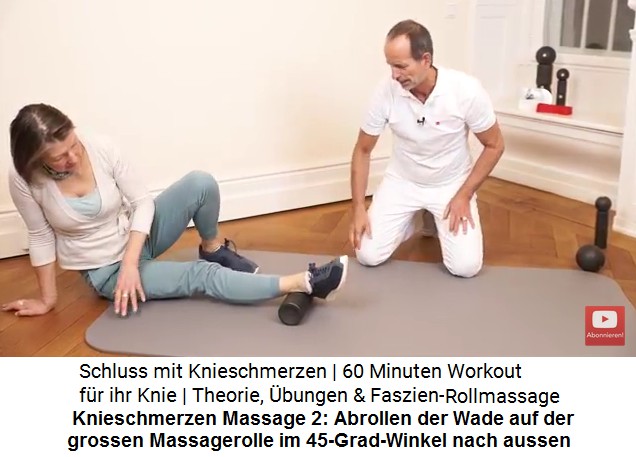 Knieschmerzen Massage
                        2: Das Bein wird vom Knie bis zur H�fte auf der
                        grossen Massagerolle in einem Winkel von 45 Grad
                        nach aussen abgerollt