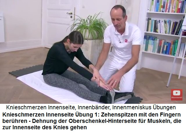 Knieschmerzen an der
                      Innenseite des Knies, �bung 1a: Mit den Fingern
                      die Zehen ber�hren, dadurch werden die Wade und
                      die Oberschenkel-Hinterseite gedehnt