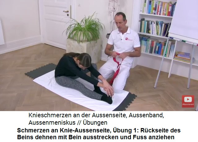 Knieschmerzen an der
                      Knie-Aussenseite, �bung 1a: Bein ausstrecken und
                      die Bein-R�ckseite dehnen, indem der Fuss
                      angezogen wird