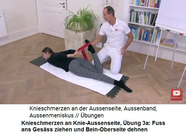 Knieschmerzen an der
                      Knie-Aussenseite, �bung 3a: B�uchlings den Fuss
                      ans Ges�ss ziehen, so wird die
                      Oberschenkel-Oberseite gedehnt