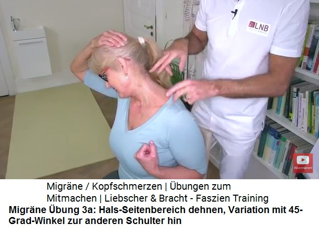 Migr�ne �bung 3a: Weitere
                  Muskeln an der Seite am Hals werden gedehnt: Schulter
                  fallenlassen, Faust zur Schulter ziehen, Kopf 45 Grad
                  in Richtung der anderen Schulter drehen, mit der
                  anderen Hand den Kopf am Oberkopf zur einer Seite
                  ziehen