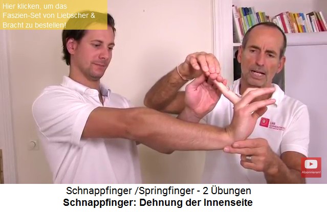 Schnappfinger: Dehnung der
                    Innenseite des betroffenen Fingers bei gestrecktem
                    Arm