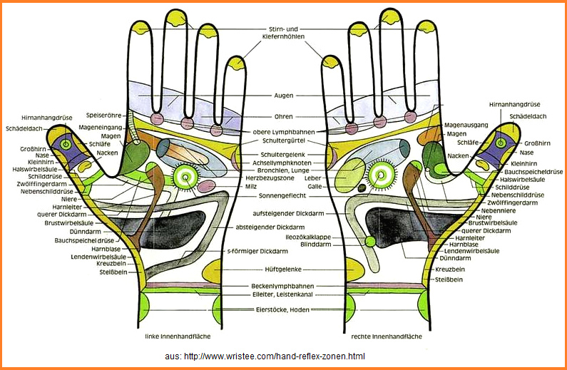 Reflexzonenmassage, z.B. an
                  den H�nden