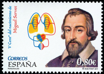 Miguel
                Servet, Portrait mit dem Blutkreisslauf auf einer
                Briefmarke