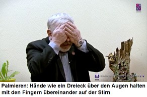 Pamieren 02: Handfl�chen an den
                                    Augen, Finger �ber Kreuz an der
                                    Stirn 3 bis 5 Minuten, Ellenbogen
                                    aufgest�tzt, d�rfen nicht h�ngen