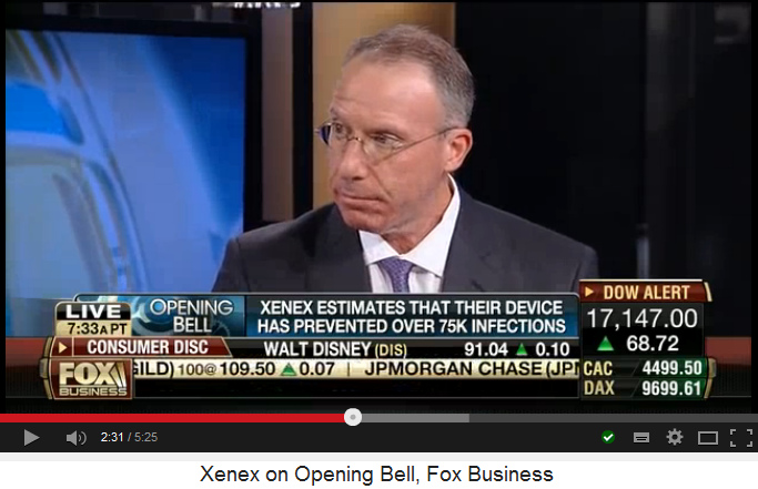 CEO Maurice Miller
                            indicates that the Xenex UV robot eliminates
                            75,000 infections