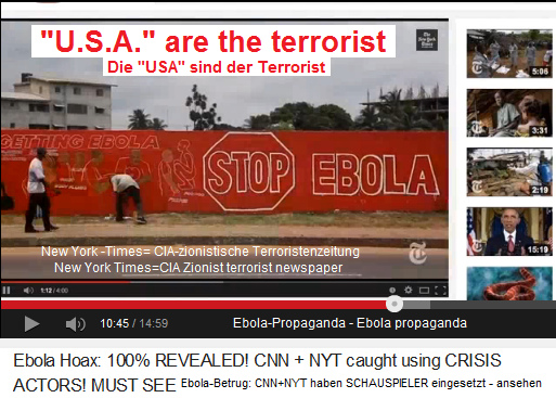Das
Fälscher-Video der CIA-New York Times zeigt
die Ebola-Propaganda "Stopp Ebola"
in Monrovia Das Fälscher-Video der CIA-New York
Times zeigt die Ebola-Propaganda "Stopp
Ebola" in Monrovia