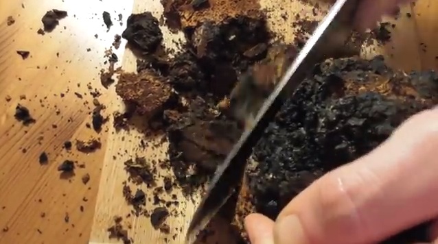 Chaga-Pilz wird in kleine Stücke geschnitten Chaga-Pilz wird in kleine Stücke geschnitten