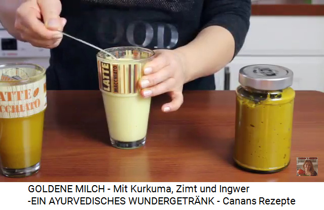 Die "Goldene Milch"
                mit Kurkumapaste im Glas; aus dem Video "GOLDENE
                MILCH - Mit Kurkuma, Zimt und Ingwer - EIN AYURVEDISCHES
                WUNDERGETR�NK"