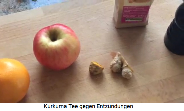 Anti-Entz�ndungstee mit
                Kurkuma in Scheiben, Ingwer in Scheiben, schwarzem
                Pfeffer, Orangensaft, Apfelscheiben, Zimt und Honig
