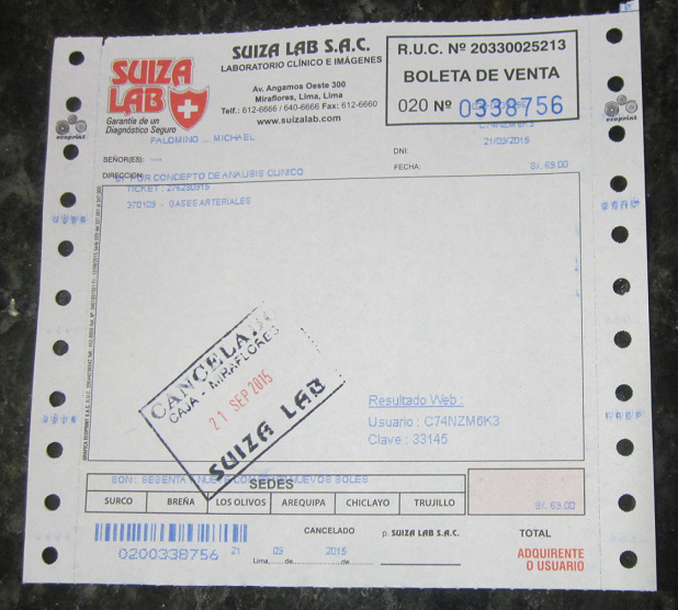 Quittung des
"Suiza Lab" über 69 Soles für den
pH-Bluttest Quittung des "Suiza Lab" über 69
Soles für den pH-Bluttest