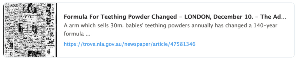 Artikel: Das Zahnpulver von Seedman für
Säuglinge änderte seine Zusammensetzung:
"Formula For Teething Powder Changed" Artikel: Das Zahnpulver von Seedman für
Säuglinge änderte seine Zusammensetzung:
"Formula For Teething Powder Changed"