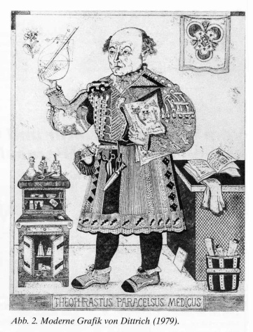 Paracelsus mit einem Medizinpunsch,
Zeichnung von Dittrich 1979 Paracelsus mit einem Medizinpunsch,
Zeichnung von Dittrich 1979