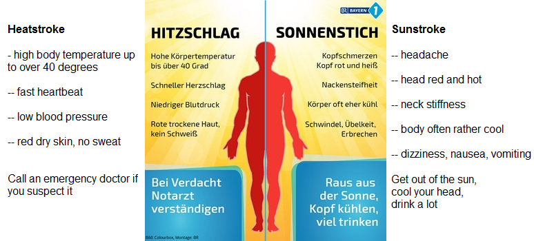Sunstroke symptoms, list: headache, red + hot
head, stiff neck, body often rather cool, dizziness,
nausea, vomiting Sunstroke symptoms, list:
headache, red + hot head, stiff neck, body often
rather cool, dizziness, nausea, vomiting