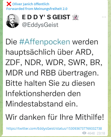 23.6.2022: Die Übertragung der Affenpocken
findet mittels MoSSad-Antifa-Lügensender statt 23.6.2022: Die Übertragung der Affenpocken
findet mittels MoSSad-Antifa-Lügensender statt