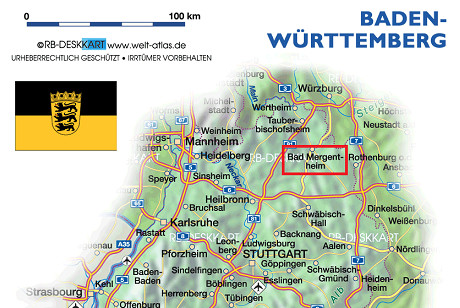 Karte von Baden-W�rttemberg mit Bad
                              Mergentheim