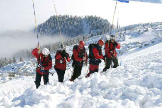 Opfersuche mit Lawinenstangen in einem
                        Lawinenkegel [12]