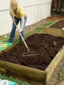 A raised
                  bed filling with rake