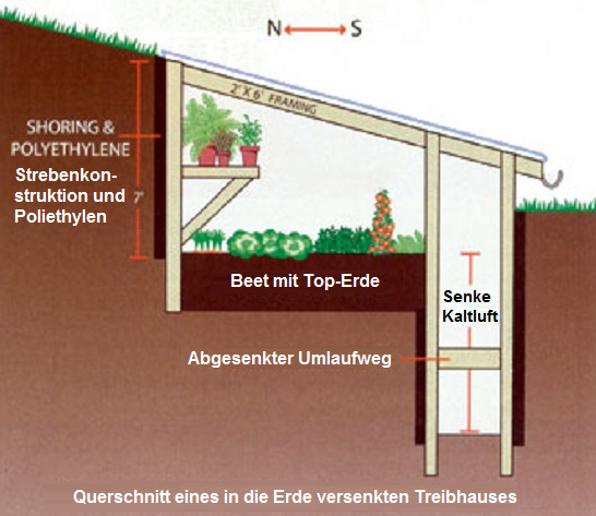 Die Abbildung zeigt
                          das Design f�r ein B�schungsgew�chshaus von
                          Mike Oehler. Er f�gt dem Gew�chshaus am
                          Berghang noch einen Graben hinzu. So kann er
                          im Stehen die Pflanzen giessen und ernten mit
                          einem "Erdtisch"