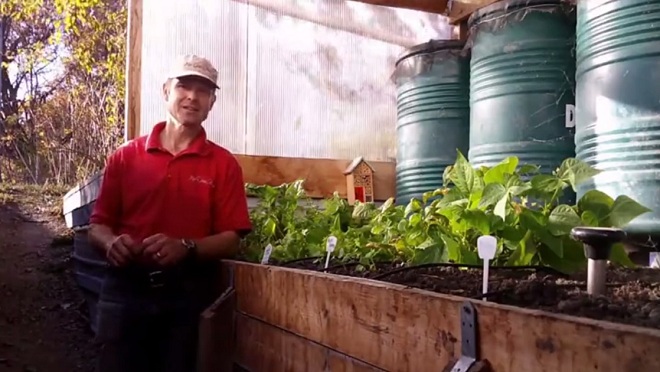 Der Farmer in
                                seinem Grubentreibhaus mit einem
                                Insektenhaus an der Seitenwand