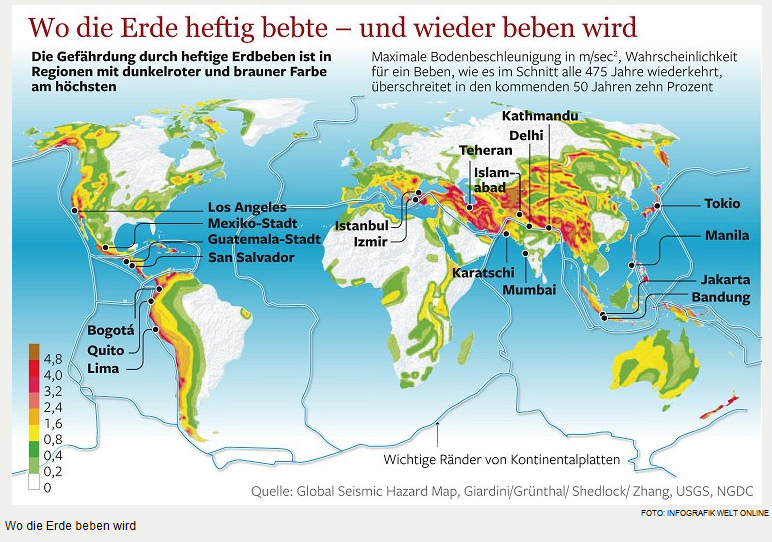 Erdbebenkarte 03: Megast�dte in
                Erdbebenzonen: Los Angeles, Mexiko-Stadt,
                Guatemala-Stadt, San Salvador, Bogot�, Quito, Lima,
                Istanbul, Izmir, Teheran, Islamabad, Delhi, Kathmandu,
                Karatschi, Mumbai, Tokio, Manila, Jakarta, Bandung.