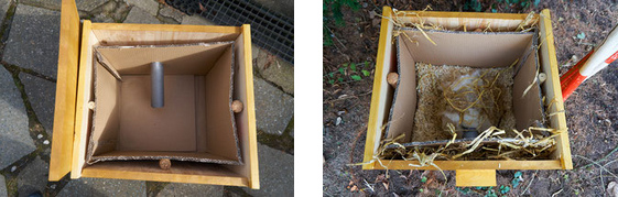 Hummelburg
                      im Bau mit Eingangsrohr, Kartonauskleidung und
                      Nistwolle