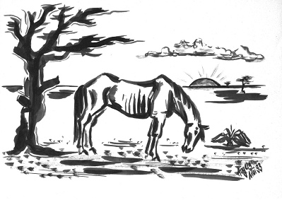 Angela Kunz, Pferd
mit Sonnenuntergang, Tusche, Mai 1993 Angela Kunz, Pferd mit Sonnenuntergang,
Tusche, Mai 1993