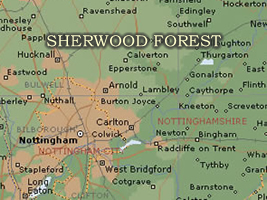 Die Position des
                            Walds von Sherwood / Sherwood Forest
                            n�rdlich von Nottingham, Karte