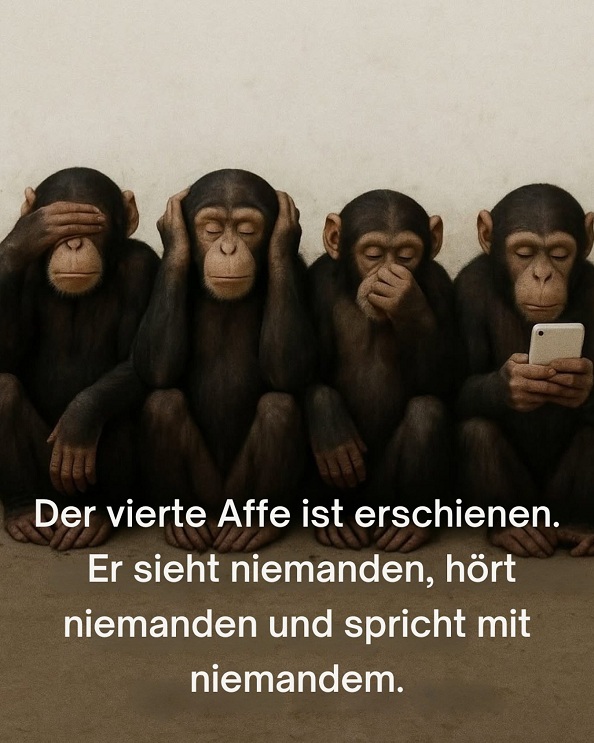 3 Affen und 1 Handy-Affe: Der vierte
                    Affe ist erschienen. Er sieht niemanden, h�rt
                    niemanden und spricht mit niemandem