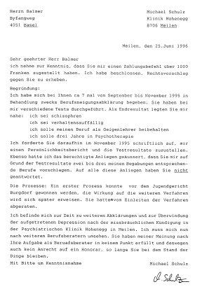 25.6.1996,
Brief an Balmer: Balmer verweigert
Berufsberatung 25.6.1996, Brief an Balmer: Balmer
verweigert Berufsberatung