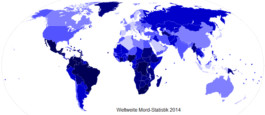 Karte
                        von Wikipedia �ber H�ufigkeit von Morden
                        weltweit im Jahre 2014. T�tungsdelikte pro Jahr
                        und 100.000 Einwohner