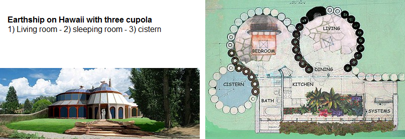 Earth ship in
                    Hawaii with double dome, exterior view and floor
                    plan