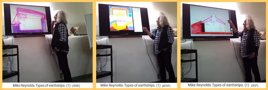 Pionierarchitekt Michael Reynolds
beim Vortrag zeigt den Querschnitt eines
Grubenhauses, eines Paket-Erdschiffs und
eines runden Erdschiffs mit Kuppeldach mit
Oberlicht Pionierarchitekt Michael
Reynolds beim Vortrag zeigt den Querschnitt
eines Grubenhauses, eines Paket-Erdschiffs
und eines runden Erdschiffs mit Kuppeldach
mit Oberlicht