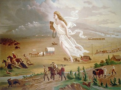 John Gast
                              (ca. 1872): "Der Fortschritt
                              Amerikas" mit einem "Manifest
                              Destiny": Die Figur Columbia zieht
                              westw�rts, vertreibt Tiere und Ureinwohner
                              (Prim�rnationen, "Indianer") und
                              zieht den Telegraphendraht, neue weisse
                              "Siedler" kommen in Planwagen,
                              sowie Eisenbahnen und Postkutschen ...