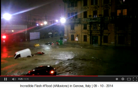 G�nova inundada por juegos de HAARP, 10-10-2014, carros flotando en el agua