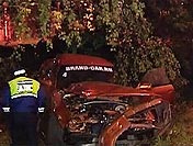 Moskau 20.9.2010: Dieser Wagen
                      raste beim ""Street-Racing" in
                      einem Moskauer Stadtviertel durch die Zuschauer
                      und entwurzelte diesen Baum