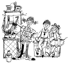 Pippi Langstrumpf kocht und r�hrt dabei mit
                      dem Regenschirm im Topf