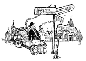 Der neue Wegweiser zur Villa Kunterbunt: Ein
                      Bonze kommt im Auto Cabriolet