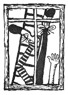 Pippi Langstrumpf zeigt sich am Fenster mit
                      Kopfstand