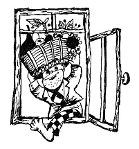 Der Affe Herr Nilsson zeigt sich am Fenster
                      mit Fr�chtekorb