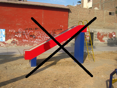 Impractical slide with a too short
                                and much too high flat end so children
                                fall on their nose, and there is no
                                railing going up. This model can be
                                found in whole criminal corrupt town of
                                Trujillo in Peru. Crazy