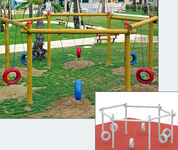 Vertical tire swing 04: hexagon tire
                              swing with an earthy ground, HPS devices,
                              Oberweis, Austria