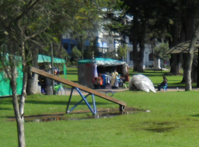 Wippe im Wasser nach
                              einem Regenguss im Ejido-Park in Quito,
                              Ecuador