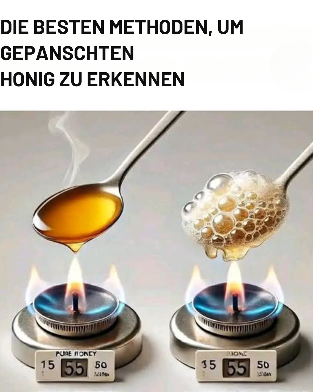Gepanschter-Honig-Test: Es wird behauptet
am 19.1.2025: Der Honigtest mit Löffel und
Flamme (Heiztest mit oder ohne Schaum) Gepanschter-Honig-Test: Es wird behauptet
am 19.1.2025: Der Honigtest mit Löffel und
Flamme (Heiztest mit oder ohne Schaum)