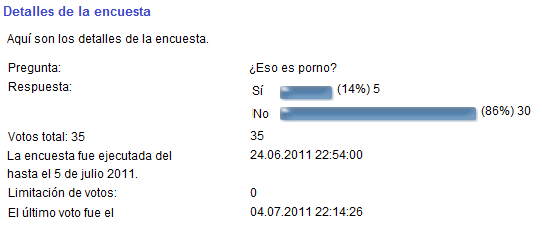 Encuesta sobre la foto del
                                parto del 24/06 hasta el 4/7/2011 con la
                                pregunta: �Eso es porno? - No, es un
                                parto (86%)