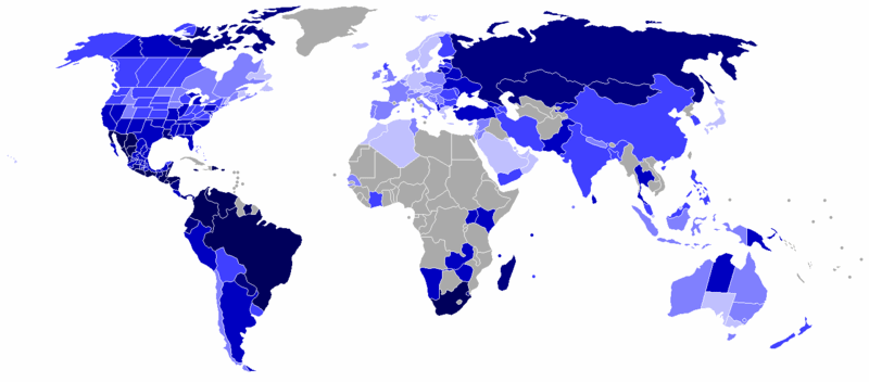 World map with the murder rates
                            of 2009. Murder cases per 100,000
                            inhabitants [1]. Countries in gray gave no
                            data.