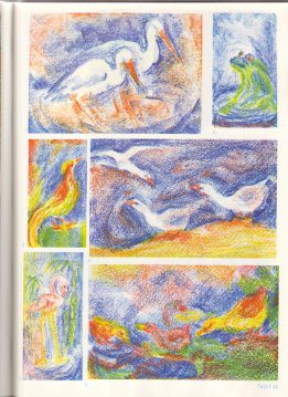 Tafel 44: Tierkunde 10 mit
                          Bilderbucharbeit in Bienenwachsfarben (6./7.
                          Schuljahr)