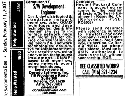 Buscando
              trabajo con clasificados de trabajo, en ingl�s "job
              ads" (advertisments), aqu� ejemplos de California