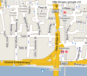 Plan de Londres: en
                        Inglaterra cada calle y avenida tiene su nombre
                        ("street", "embankment",
                        "avenue", "walk",
                        "lane", "court",
                        "hill", "dock",
                        "rise"), y el tr�fico va por la
                        izquierda ("on the left side", ver las
                        flechas)